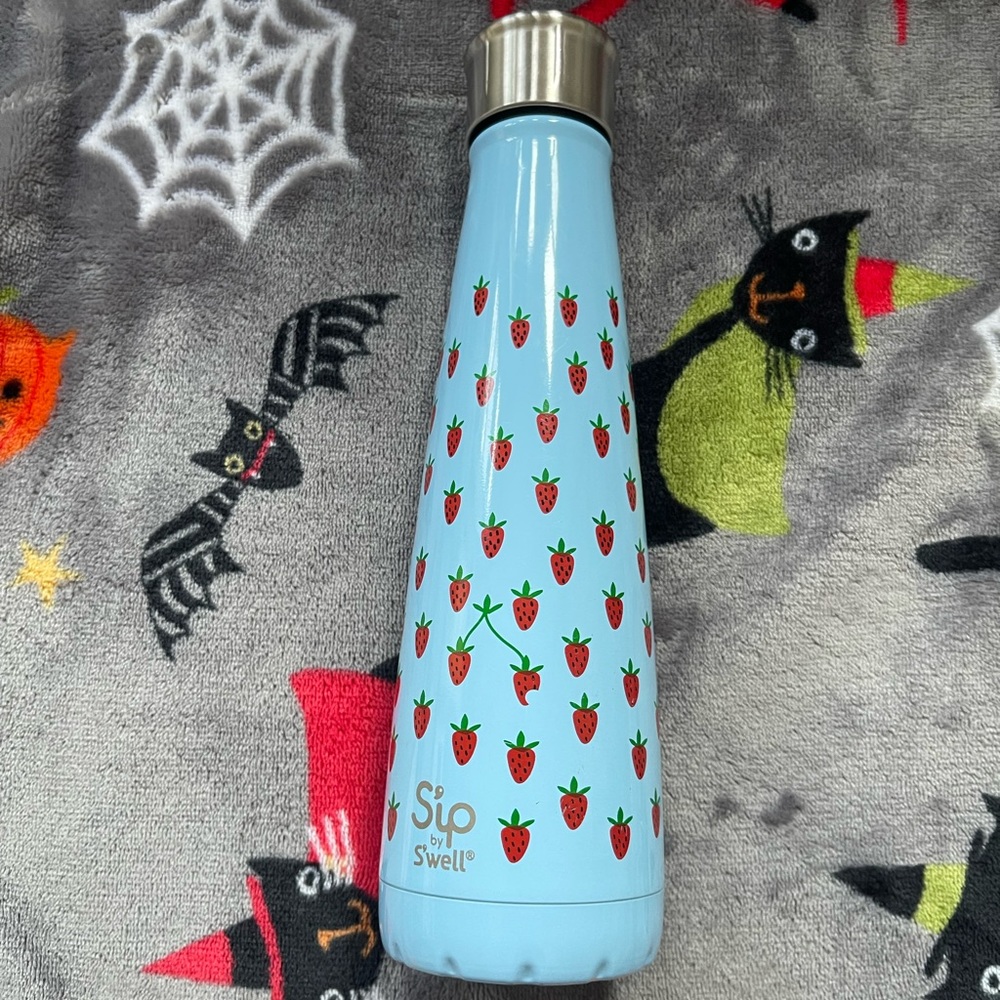 Blue Metal Water Bottle Reusable with Strawberry Design